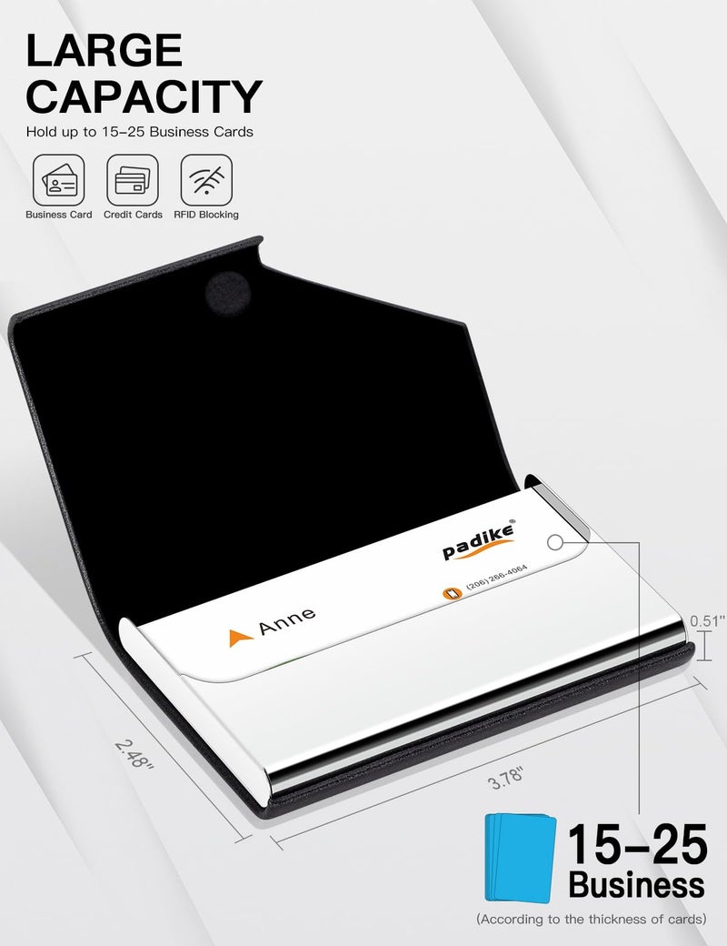 Padike Business Card Holder, Upgraded Leather Business Card Case Pocket Card Holders for Men or Women, Metal Slim Name Card Holder RFID Blocking Business Card Carrier with Magnetic Closure(Black) - Image 4